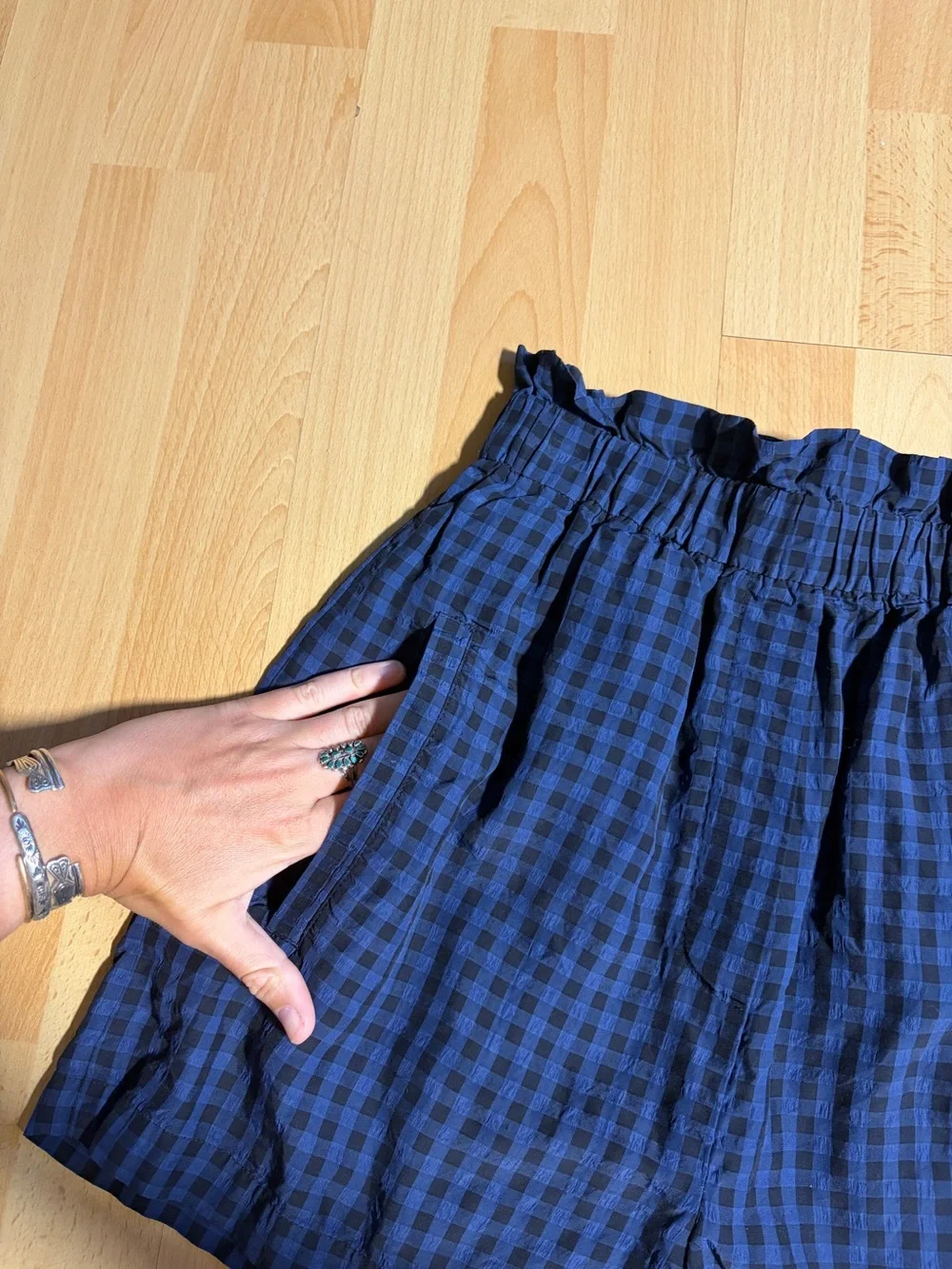 Tibi Navy Black Gingham Paperbag Waist Pull-On Sateen Shorts Small